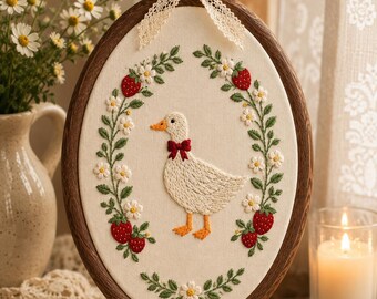 Personalized Goose Embroidery Hoop, Strawberry Daisy Nursery Decor, Oval Embroidered Wall Art, Cottagecore Baby Gift, Custom Name Keepsake