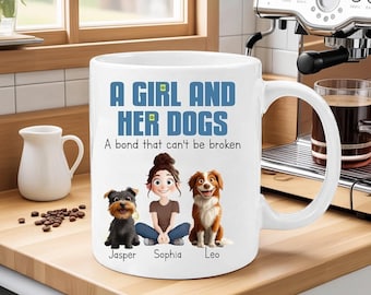 Personalized A Girl and Her Dogs Mug – Custom Dog Lover Gift with Names and Characters – Cute Coffee Cup for Pet Moms and Dog Owners