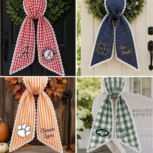 May include: Four decorative fabric door hangers with lace trim. Top left: red and white gingham with Alabama logos. Top right: navy blue polka dot with Notre Dame text and logo. Bottom left: orange and white striped with Clemson Tigers branding. Bottom right: green and white gingham with New York Jets logos.
