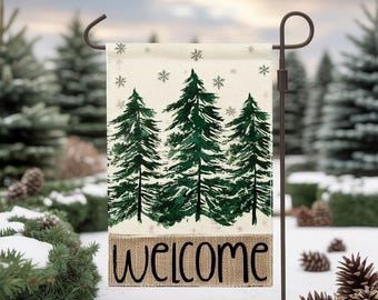 Winter Pine Tree Welcome Garden Flag – Cozy Seasonal Yard Decor for a Warm Holiday Greeting