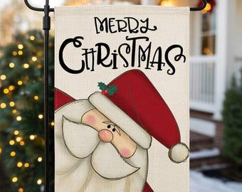 Rustic Santa Merry Christmas Garden Flag, Cute Santa Claus Outdoor Holiday Yard Decoration for Winter Front Porch or Lawn