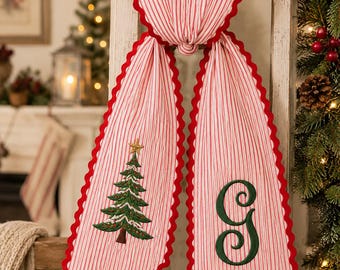 Personalized Christmas Tree Wreath Sash, Stripe Front Door Ric Rac Bow, Embroidered Holiday Decor, Christmas Front Door Decor, Xmas Gift