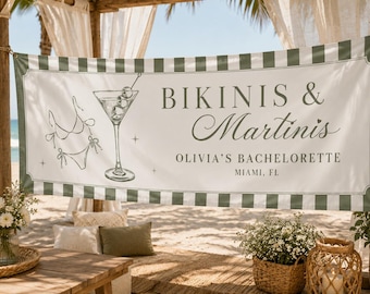 Peut inclure: Bannière avec le texte "Bikinis & Martinis" et "Olivia's Bachelorette Miami, FL" dans un cadre de plage. La bannière a une bordure rayée verte et blanche et présente un verre à martini et une illustration de bikini.