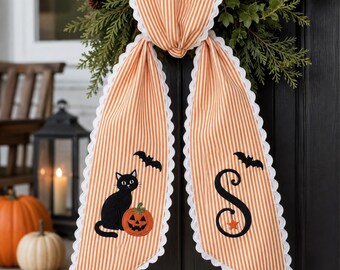 Personalized Halloween Wreath Sash, Monogram Cat Pumpkin Door Decor, Embroidered Striped Fall Ribbon, Custom Spooky Decor with Bat Name