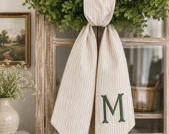 Monogrammed Khaki Striped Sash - Customized Wreath Sash - Tan Initial Wreath Sash - Personalized Gift - Wedding Shower Gift