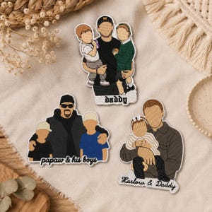 May include: Three custom embroidered patches featuring faceless figures of adults holding children. One patch shows a person with two children and the text "daddy". Another shows a person with two children and "papaw & his boys". The third shows a person with one child and "Harlow & Daddy".