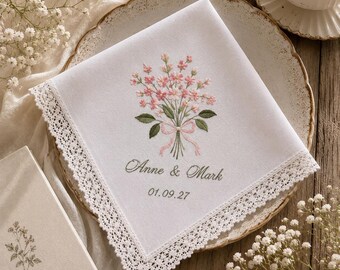 Personalized Wedding Handkerchief, Custom Embroidered Bridal Hankie, Bride Keepsake Gift, Wedding Day Gift, Custom Name & Date Handkerchief