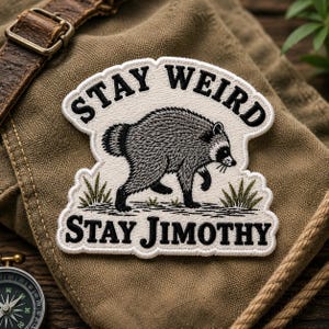 May include: An embroidered patch with a cream-colored background featuring a black and gray raccoon walking through green grass. The text "STAY WEIRD" is arched above the raccoon, and the text "STAY JIMOTHY" is printed in black at the bottom.