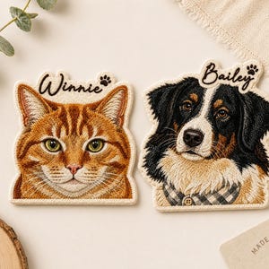 Broderad lapp med namn och personligt porträtt av husdjur, personlig hundkattlapp, broderad applikation med foto, present till husdjursälskare