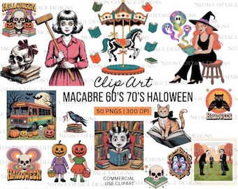 Vintage Halloween Clip Art-paket för inbjudningar, klistermärken, pyssel, 60-tals-70-tals-retro, läskiga PNG-grafik