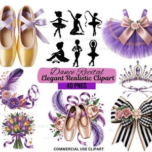 以下が含まれることがあります： 金色のポワントシューズとラベンダー色のリボン、バレリーナのシルエット、紫色のチュチュ、宝石付きのティアラ、白黒のリボンが特徴のバレエをテーマにしたクリップアートのコレクションです。「Dance Recital Elegant Realistic Clipart 40 PNGS」と書かれています。