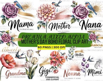 Boho Mother Clipart Floral Quote Bundle Png Sublimation Design Element Digital Craft Download Watercolor Flower Graphic Bohemian