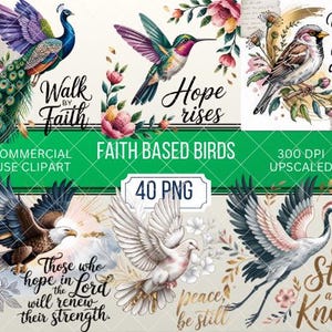 Può includere: Una collezione di illustrazioni di uccelli ad acquerello, tra cui un pavone, un colibrì, un'aquila, una colomba e una gru, con elementi floreali. Ogni immagine presenta testi ispiratori come "Walk by Faith" e "Hope rises". Intitolato "Faith Based Birds".