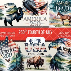 May include: A collection of patriotic clipart images featuring American symbols. Includes a bison, an eagle, a horse, and the American flag. Text includes "America 250", "USA 1776-2026", and "America the Beautiful".