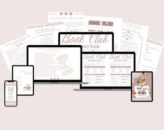 Pode incluir: Uma coleção de materiais digitais para clubes de leitura exibidos em vários dispositivos. A imagem inclui um laptop, tablets e um smartphone, todos mostrando guias de clubes de leitura, perguntas para discussão e menus. O esquema de cores é suave, com tons de rosa e bege.