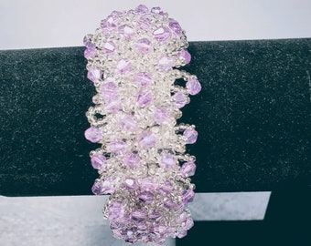 Magic Carpet Bracelet Lavender and Silver Lined Clear Seed Beads  Cuff Bracelet  8 1/2 Inches Long  1 Inch Wide  Toggle Clasp