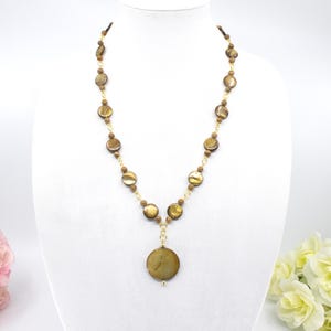 Golden Brown Shell Disc Necklace: Freshwater Pearl Pendant, 28 Inch