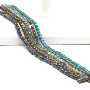 9 Inch Multi Strand Copper and Teal Beaded Bracelet, 5 Strand Glass Bead Bracelet, Lobster Clasp Closure, Western Style Bracelet   C-12