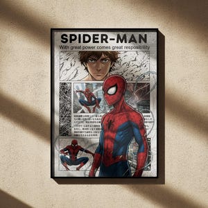Puede incluir: Impresión artística enmarcada del cómic de Spider-Man. La obra presenta a Spider-Man con un traje rojo y azul, con el texto "SPIDER-MAN" y "With great power comes great responsibility." La impresión tiene un estilo de cómic.