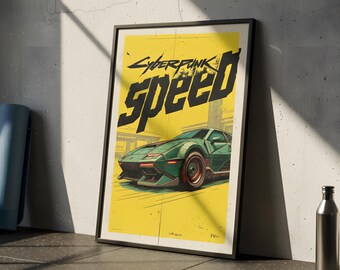 Cyberpunk Car Art Print - Sci-Fi Speed Poster | Retro Futuristic Vehicle Wall Decor.