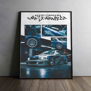 Può includere: Poster incorniciato con la scritta "NEED FOR SPEED MOST WANTED" e immagini di un'auto sportiva blu e bianca. Il poster mostra i dettagli e il design dell'auto, in movimento con uno sfondo sfocato.