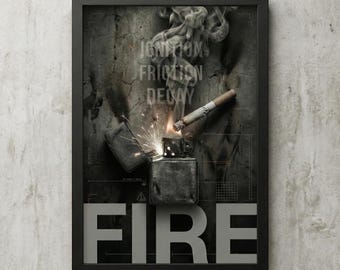 Brutalist Lighter & Cigarette Poster, Dark Industrial Wall Art, Smoking Aesthetic Print, Grunge Fire Photography, Zippo Lighter Poster.