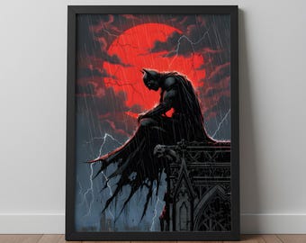 Dark Knight Poster: Gothic Batman Print | Superhero Wall Decor for Comic Book Fan Gift.