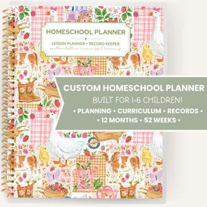 May include: A spiral-bound homeschool planner with a pink and white checkered farm-themed cover featuring illustrations of geese, chicks, calves, strawberries, and watering cans. The text reads HOMESCHOOL PLANNER, LESSON PLANNER + RECORD KEEPER.