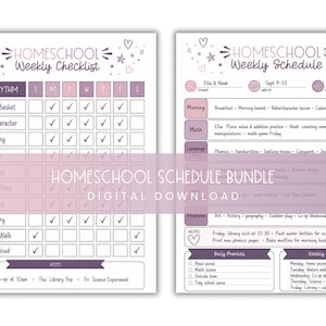 May include: Homeschool weekly checklist and schedule bundle digital download. The checklist features a daily rhythm with boxes to check off activities. The schedule includes subjects like math and language, with notes and daily routines.