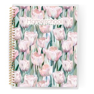 May include: A spiral-bound planner with a floral design. The cover features a pattern of pink and white tulips against a backdrop of green and blue brushstrokes. The words "Homeschool undated planner" are printed on the cover.