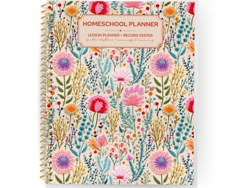 May include: A spiral-bound homeschool planner with a cream-coloured cover featuring a repeating pattern of colourful flowers, leaves, and stems. The centre label reads HOMESCHOOL PLANNER, LESSON PLANNER + RECORD KEEPER, gentle rhythms + meaningful learning.