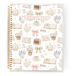 May include: Homeschool undated planner with a gold spiral binding. The cover features a repeating pattern of teapots, books, flowers, bows, and teacups in soft pastel colors. The text "Homeschool undated planner" is printed on the cover.