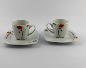 Vintage La Vie Sunrise Espresso Cups and Saucers Set of 2, 80s Minimalist Porcelain