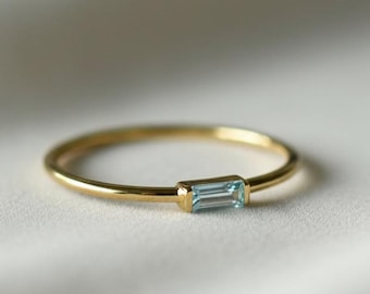 Anillo de aguamarina natural, anillo baguette de oro de 14 k, joyería minimalista con piedra de nacimiento de marzo, anillo de promesa para mujer, anillo de plata 925 para regalo de Navidad.