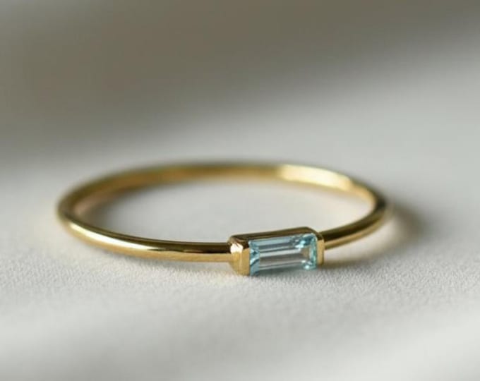 Natural Aquamarine Ring, 14k Gold Baguette Ring, Minimalist March Birthstone Jewelry, Promise Ring for Women, 925 Silver Christmas Ring gift