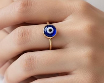 Anillo de oro para el mal de ojo, regalo espiritual de buena suerte para mujeres, joyería protectora de plata de ley 925, anillo Nazar de cristal azul, delicado anillo de cumpleaños.