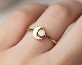 Opal Moon Ring, Crescent Moon Gold Ring, October Birthstone Ring, 925 Sterling Silver Opal Jewelry, Promise Ring, Celestial Gifts for Women