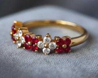 Natural Ruby Flower Ring for Women, Dainty Gold Floral Band, Diamond Cluster Ring, Vintage Style Ruby Band, Anniversary Gift,July Birthstone