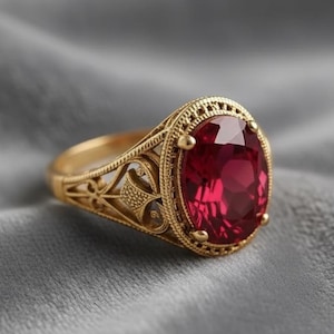 May include: A gold ring with an oval, deep red gemstone. The ring has an ornate, filigree design around the gemstone and on the band. The ring is set against a gray, textured background.