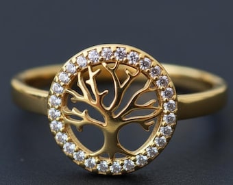 Anillo Árbol de la Vida con Diamantes, Anillo Árbol de Oro de 14k, Joyería Minimalista Natural, Anillo Árbol Espiritual, Regalo para Ella, Anillo de Plata con Promesa para Todos los Días