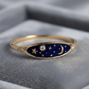 Diamond Celestial Moon and Stars Ring, Blue Enamel Gold Band Ring, Diamond Accent Night Sky Ring, Minimal Dainty Cosmic Ring, Gift for Women