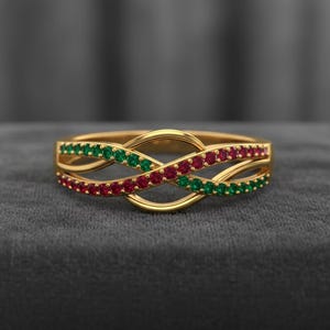Grön smaragd oändlighetsring, 14K guldrubinring, elegant stapelring, vintage ädelstensring, unik löftering, julklapp till kvinnor
