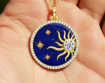 Natürlicher Lapis Lazuli Sonne & Sterne Halskette • Gold Diamanten Himmlische Halskette • Zierliches Sunburst Medaillon • Blaue Galaxie Schmuck • Sternzeichen Geschenk
