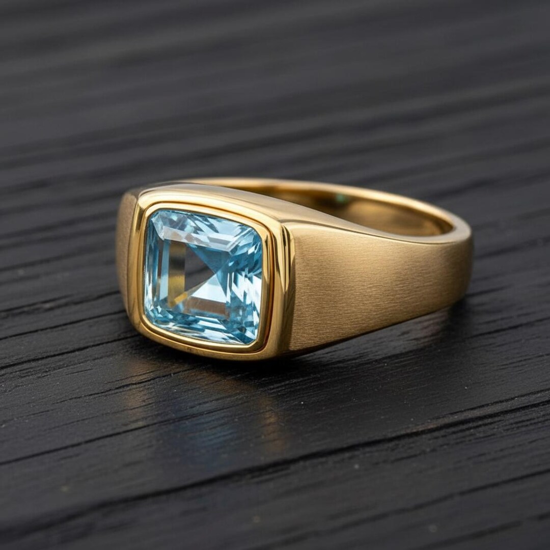 Natural Aquamarine Signet Ring, 14K Gold Solitaire Ring, Cushion ...