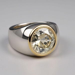 May include: A silver ring featuring a large, round, faceted, pale-yellow gemstone set within a gold bezel. The ring has a wide, polished silver band. The gemstone is the focal point, reflecting light and displaying multiple facets.