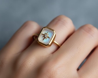 Anillo de piedra lunar, anillo de diamante con estrella del norte para mujer, delicado anillo de piedra lunar con ópalo, joyería celestial de plata 925, anillo de promesa, regalo de cumpleaños para ella