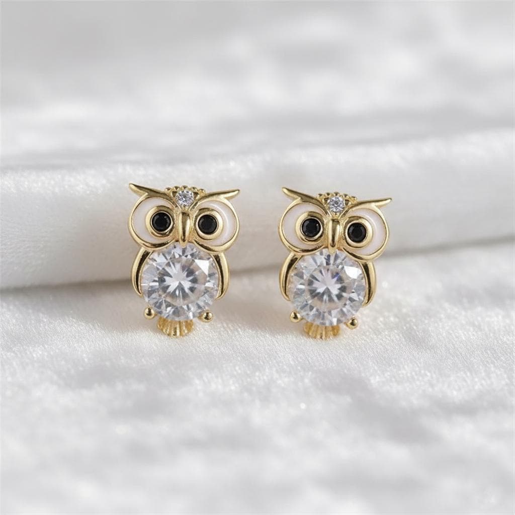 Diamond Owl Stud Earrings, Gold Studs for Women, Black Diamond Owl Earrings, Animal Jewelry Gift, Un