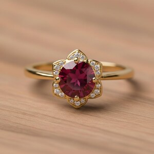 Ruby Ring, Diamond Floral Engagement Ring, Dainty Gold Ring, Promise Ring, Vintage Style Ring, July Birthstone Ring, Birthday Gifts for Her