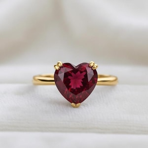 Granat hjärtaring, Guldring, Röd Löftering, Elegant Förlovningsring, Alla hjärtans dag-present till kvinnor, Minimalistisk hjärtaring, Julring