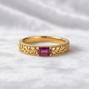 Anel de rubi com corte esmeralda, aliança de ouro para noivado, aro com gravura floral, anel delicado estilo vintage para usar em conjunto com outros anéis, anel com pedra de nascimento em cristal, presente de Natal para homens.